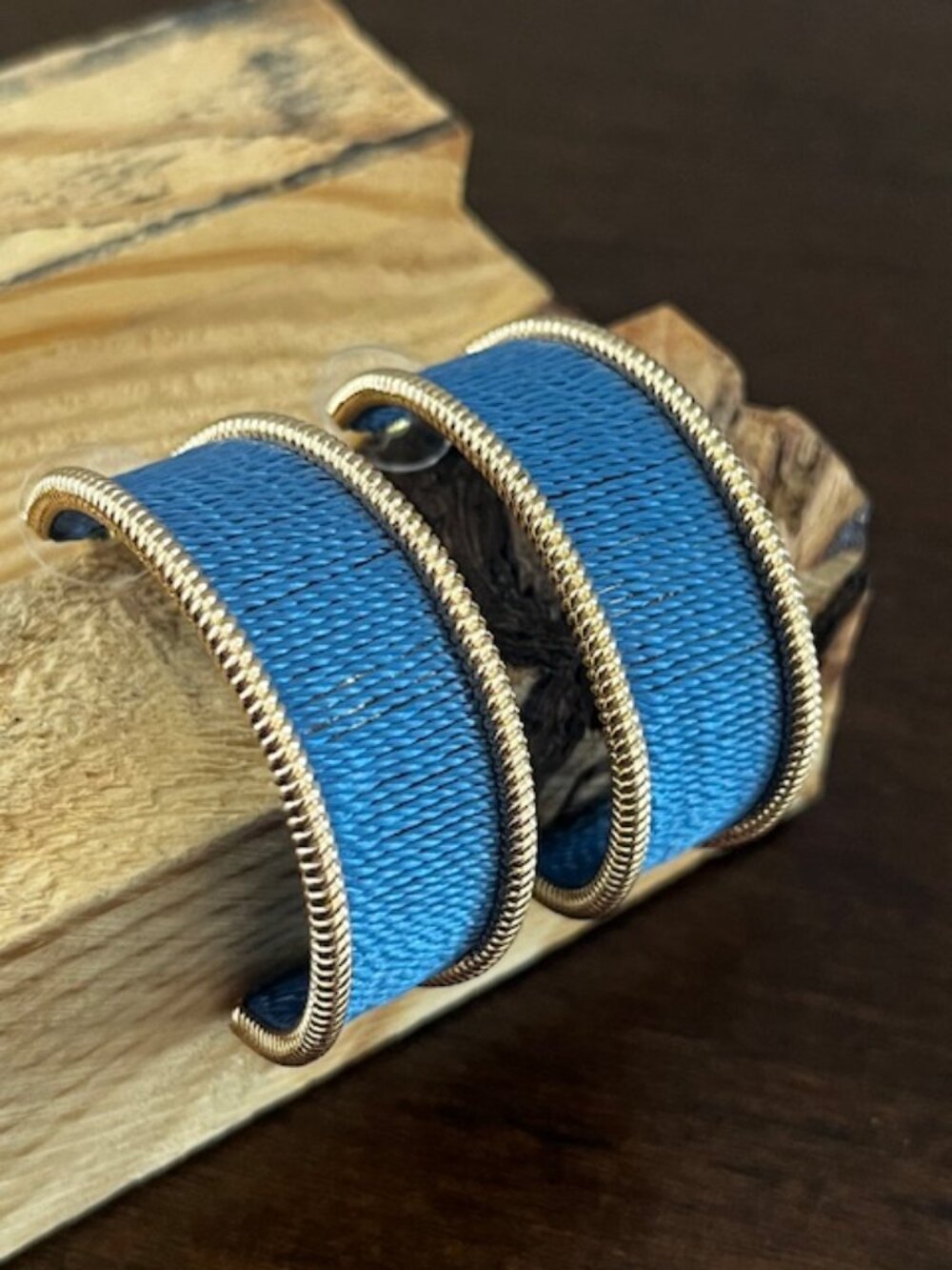 Half Hoop Pierced Earrings Blue String Gold Tone Border Accent Statement